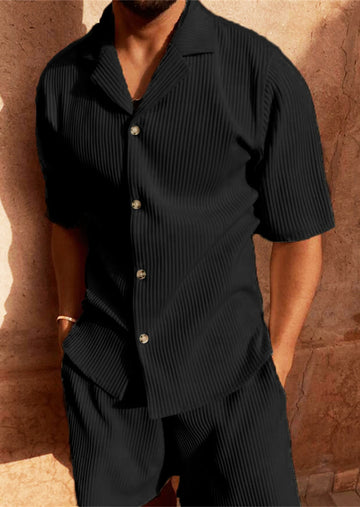 Riolio Japanese street fashion men Spring/Summer Suit Solid Color Corduroy Shorts Sleeve Shirt and Shorts Stretch Beach Casual Suit